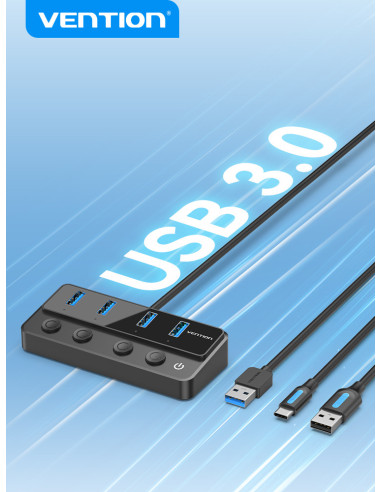 Vention Hub USB 3.0 CHWBF  4xUSB  1xUSB Tipo-C PD  Incluye cable Carga USB Macho - USB Tipo-C Macho