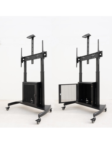 TooQ “NARNIA” Soporte de Suelo con Armario Multiusos + Accesorios Rack para Pantallas 60"- 100", Negro