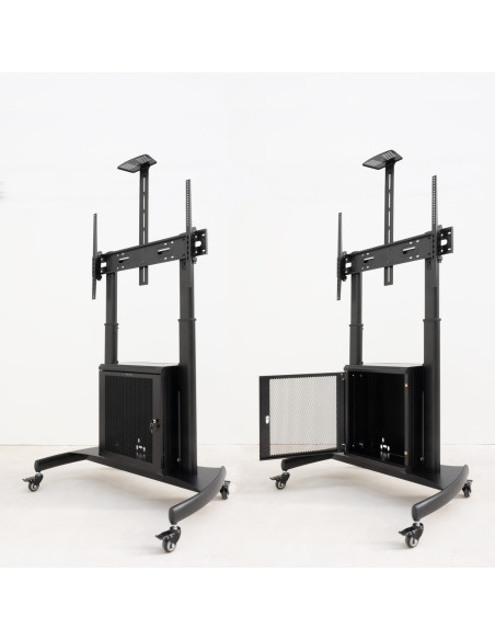 TooQ “NARNIA” Soporte de Suelo con Armario Multiusos + Accesorios Rack para Pantallas 60"- 100", Negro