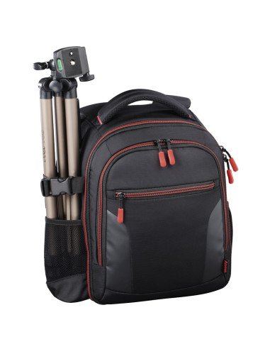 Hama | Mochila para equipo fotográfico, Funda tipo mochila para cámara réflex, compartimientos extraíbles, color negro y rojo
