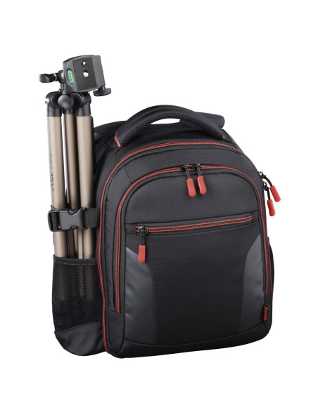Hama | Mochila para equipo fotográfico, Funda tipo mochila para cámara réflex, compartimientos extraíbles, color negro y rojo