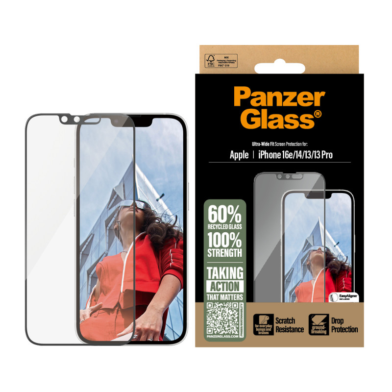 PanzerGlass ® Screen Protector iPhone 16e | 14 | 13 | 13 Pro | Ultra-Wide Fit w. EasyAligner Protector de pantalla Apple 1 pieza