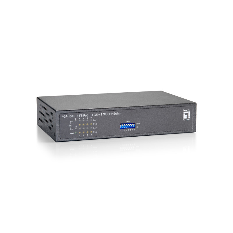 LevelOne Switch Fast Ethernet PoE de 10 puertos, 1 Port Gigabit, 1 Port Gigabit SFP, 120W, 9 PoE Outputs
