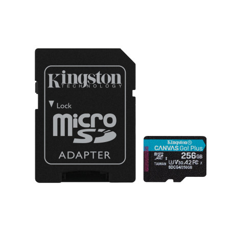Kingston Technology SDCG4/256GB Tarjeta microSDXC Canvas Go Plus Gen4 de 256 GB, 200 MB/s, A2 U3 V30 y adaptador, 256 GB,