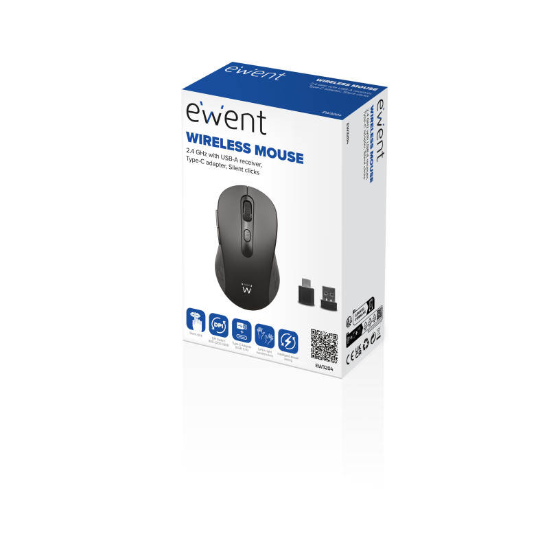 Ewent Ratón inalámbrico USB-A de 2,4 GHz con botones silenciosos y adaptador tipo C