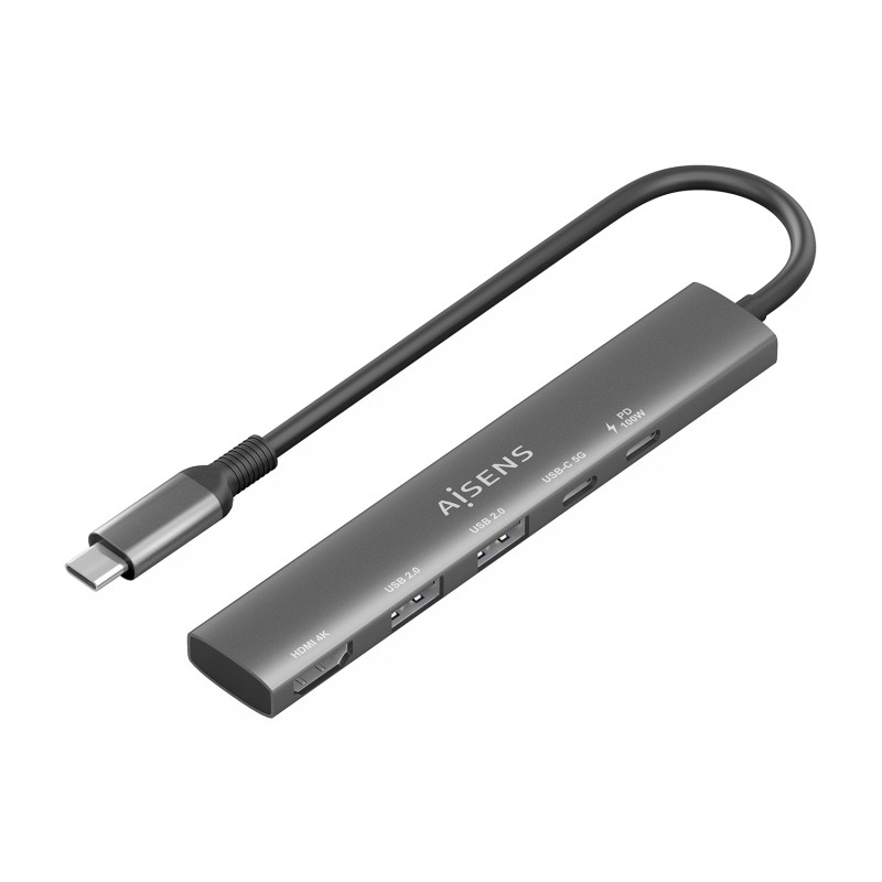 AISENS USB-C Dock 5 en 1, USB-C A, 1x HDMI 2x USB-A, 1x USB-C, 1x USB-C PD, Gris, 15cm