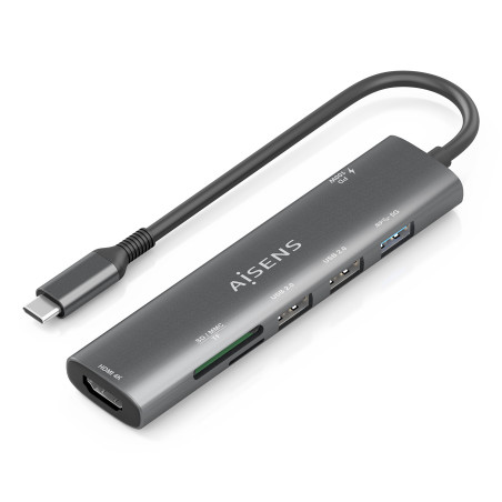 AISENS USB-C Dock 7 en 1, USB-C A, 1x HDMI, 2x USB-A USB2.0, 1x USB-A USB3.0, 1x USB-C PD 100W, 1x SD, 1x MicroSD, Gris, 15cm