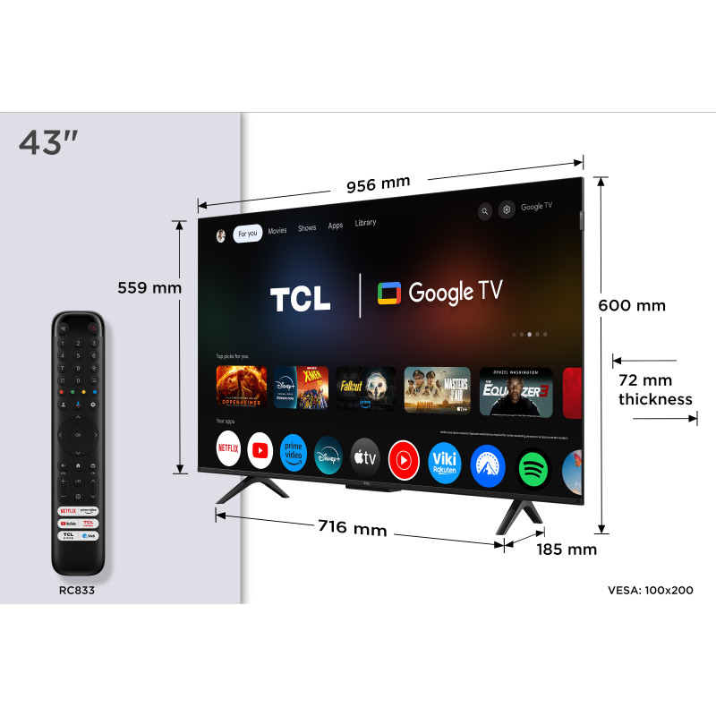 TCL P7K 43P7K Televisor 109,2 cm (43") 4K Ultra HD Smart TV Wifi Metálico 430 cd / m²