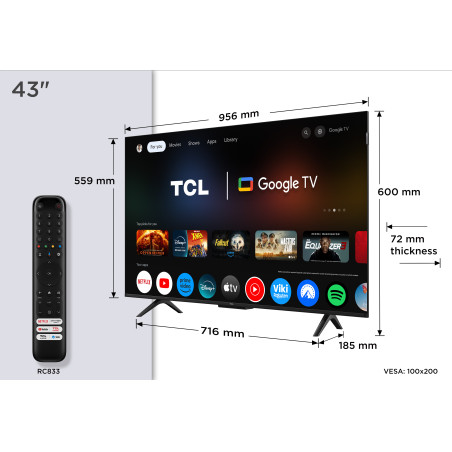 TCL P7K 43P7K Televisor 109,2 cm (43") 4K Ultra HD Smart TV Wifi Metálico 430 cd / m²