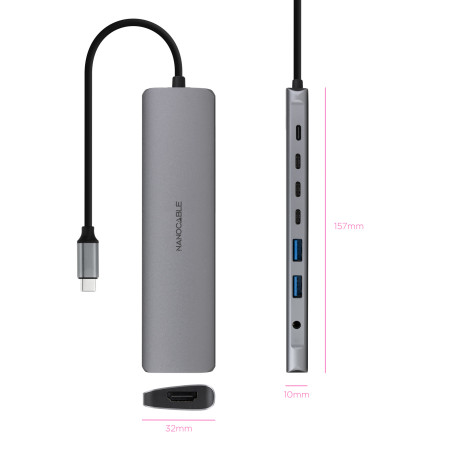 Nanocable Hub USB-C 8 en 1, Conversor USB-C 3.1 a 2xUSB-A 3.0 + 3xUSB-C 3.0 + USB-C PD + HDMI 4K@60Hz + Audio Jack 3.5, Aluminio