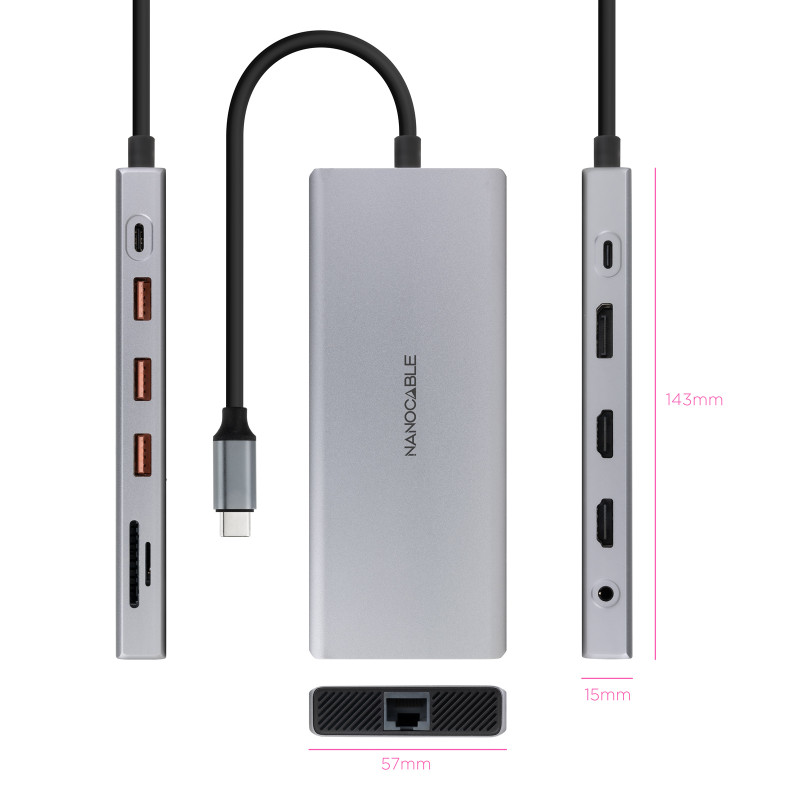 Nanocable Hub USB-C 12 en 1, Conversor USB-C 3.1 a 3xUSB-A 3.2 + USB-C 3.2 + USB-C PD + 2xHDMI 4K@60Hz + DP 4K@60Hz + RJ45 1Gbps