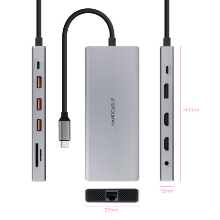 Nanocable Hub USB-C 12 en 1, Conversor USB-C 3.1 a 3xUSB-A 3.2 + USB-C 3.2 + USB-C PD + 2xHDMI 4K@60Hz + DP 4K@60Hz + RJ45 1Gbps