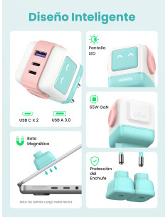 Ugreen Uno RG 65W 3-Port GaN Fast Charger pink blue Ordenador portátil, Teléfono móvil, Portátil, Tableta, Teléfono Azul 2