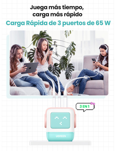 Ugreen Uno RG 65W 3-Port GaN Fast Charger pink blue Ordenador portátil, Teléfono móvil, Portátil, Tableta, Teléfono Azul