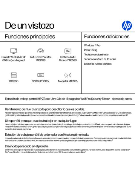 HP ZBook Ultra G1a Copilot+ PC AMD Ryzen AI Max PRO 390 Estación de trabajo móvil 35,6 cm (14") WUXGA 32 GB LPDDR5x-SDRAM 1 TB S