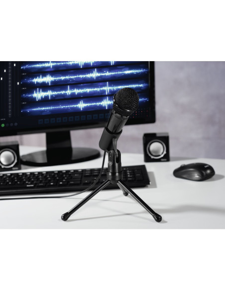 Hama | Micrófono con trípode, conexión jack 3,5mm, ideal para Podcast o conferencias, color negro.