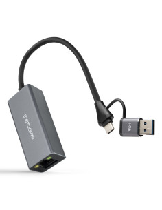 Nanocable Conversor USB-C+USB-A M 3.0 a Ethernet, Aluminio, Gris, 15 cm