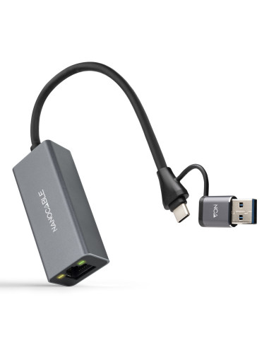 Nanocable Conversor USB-C+USB-A M 3.0 a Ethernet, Aluminio, Gris, 15 cm