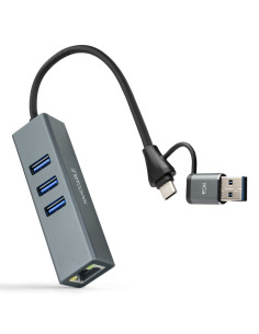 Nanocable Conversor USB-C+USB-A M 3.0 a Ethernet + 3xUSB-A 3.0, Aluminio, Gris, 15 cm