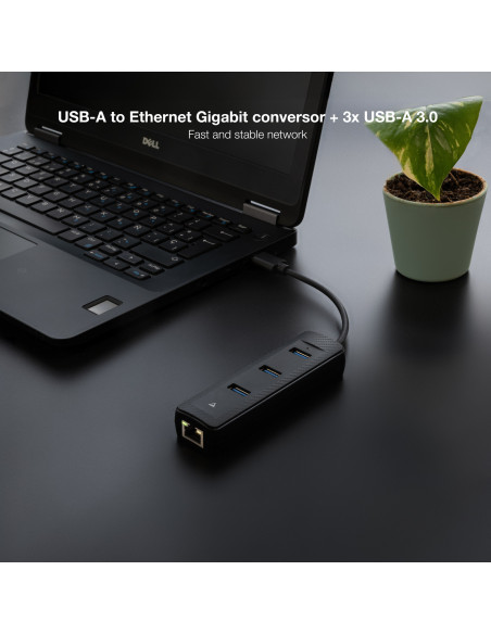 Nanocable Hub USB-A 3.0 a 3xUSB-A 3.0 + RJ45, USB-A M- USB-A M-RJ45 H, Negro, 15 cm