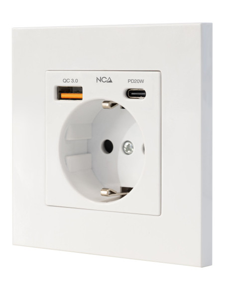 Nanocable Base de enchufe de pared tipo schuko con 1xUSB-A QC 3.0 + 1xUSB-C PD - Max. 3.4A, Blanco