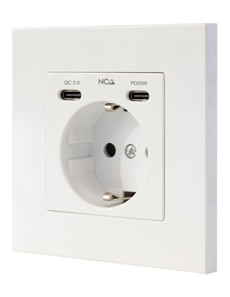 Nanocable Base de enchufe de pared tipo schuko con 2 USB-C PD - Max. 3.4A, Blanco