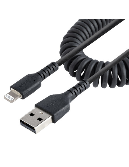 StarTech.com Cable 50cm USB a Lightning con Certificación MFi, Cable Rizado de Carga para iPhone, Negro, con Recubrimiento de