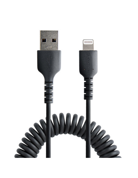 StarTech.com Cable 50cm USB a Lightning con Certificación MFi, Cable Rizado de Carga para iPhone, Negro, con Recubrimiento de