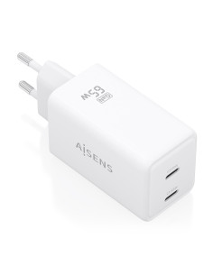AISENS Cargador GaN 65W, 2xUSB-C PD3.0 QC4.0, Blanco