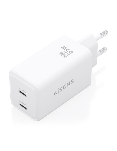 AISENS Cargador GaN 65W, 2xUSB-C PD3.0 QC4.0, Blanco