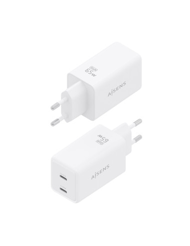 AISENS Cargador GaN 65W, 2xUSB-C PD3.0 QC4.0, Blanco