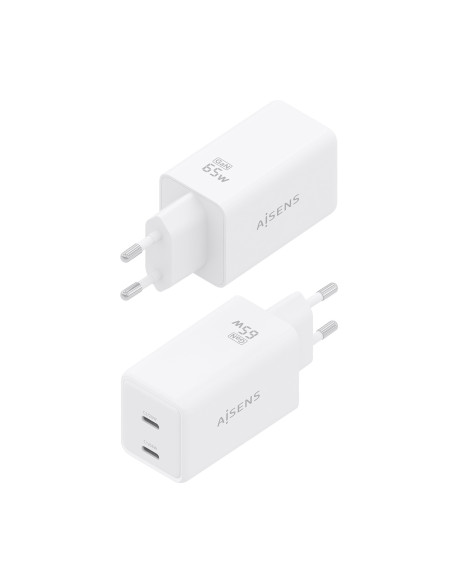 AISENS Cargador GaN 65W, 2xUSB-C PD3.0 QC4.0, Blanco