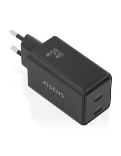 AISENS Cargador GaN 65W, 2xUSB-C PD3.0 QC4.0, Negro