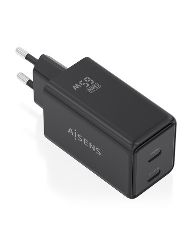AISENS Cargador GaN 65W, 2xUSB-C PD3.0 QC4.0, Negro
