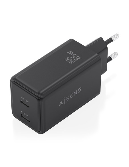 AISENS Cargador GaN 65W, 2xUSB-C PD3.0 QC4.0, Negro