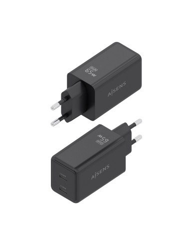 AISENS Cargador GaN 65W, 2xUSB-C PD3.0 QC4.0, Negro