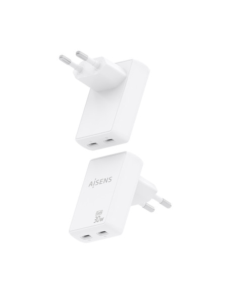 AISENS Cargador De Pared GaN Ultra Delgado 30W, 2xUSB-C PD3.0 QC4.0, Blanco