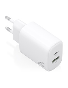 AISENS Cargador GaN 30W, 1xUSB-C PD3.0 QC4.0, 1xUSB-A QC3.0, Blanco