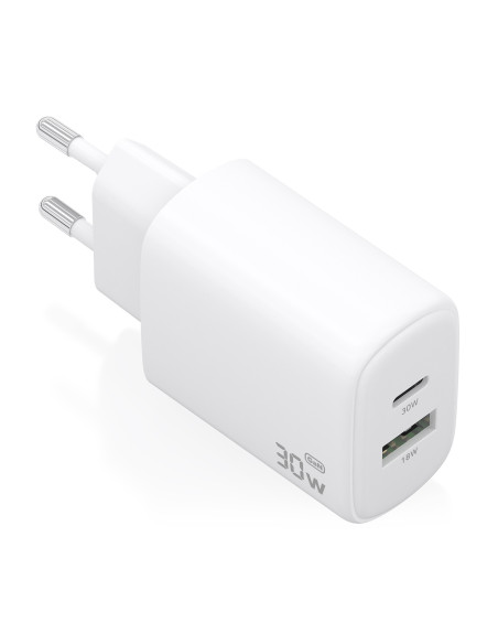 AISENS Cargador GaN 30W, 1xUSB-C PD3.0 QC4.0, 1xUSB-A QC3.0, Blanco