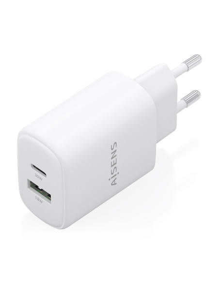 AISENS Cargador GaN 30W, 1xUSB-C PD3.0 QC4.0, 1xUSB-A QC3.0, Blanco