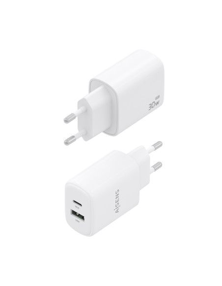 AISENS Cargador GaN 30W, 1xUSB-C PD3.0 QC4.0, 1xUSB-A QC3.0, Blanco