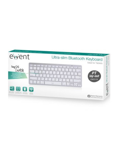 Ewent EW3119 teclado Hogar Bluetooth QWERTY Portugués Plata, Blanco