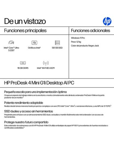 HP ProDesk 4 G1i AI PC Intel Core Ultra 5 235T 16 GB DDR5-SDRAM 512 GB SSD Windows 11 Pro Mini PC Negro