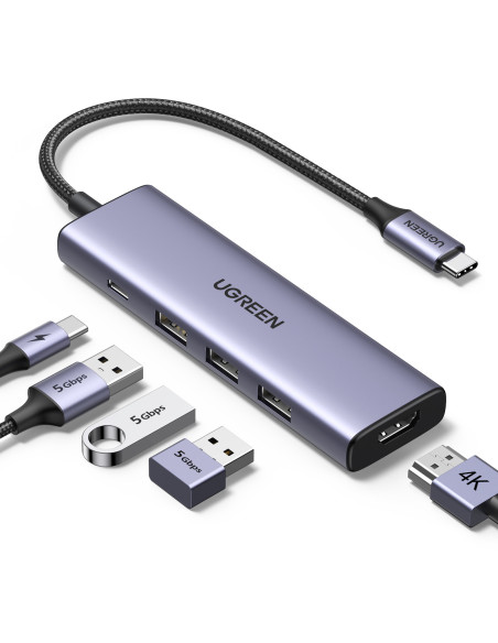 Ugreen 15596 base para portátil y replicador de puertos Alámbrico USB 3.2 Gen 1 (3.1 Gen 1) Type-A + Type-C Aluminio