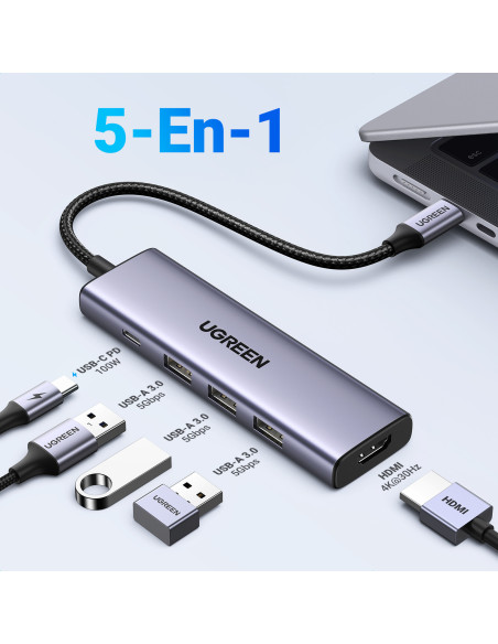 Ugreen 15596 base para portátil y replicador de puertos Alámbrico USB 3.2 Gen 1 (3.1 Gen 1) Type-A + Type-C Aluminio