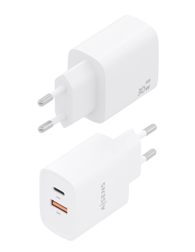 AISENS Cargador GaN 30W, 1xUSB-C PD3.0 QC4.0, 1xUSB-A QC3.0, Blanco