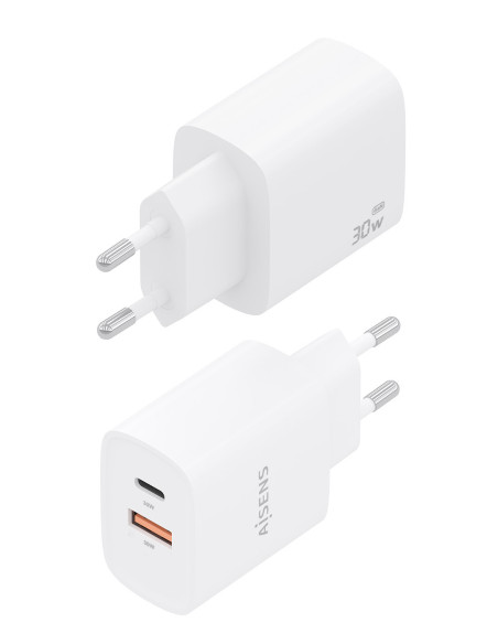 AISENS Cargador GaN 30W, 1xUSB-C PD3.0 QC4.0, 1xUSB-A QC3.0, Blanco