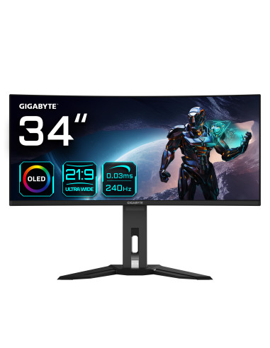GIGABYTE Monitor de juegos curvo OLED WQHD MO34WQC2 de 34" - 3440 x 1440, 240Hz, 0.03ms, KVM, 250 cd m², FreeSync Premium Pro,