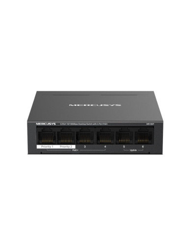 Mercusys MS106P switch No administrado Fast Ethernet (10 100) Energía sobre Ethernet (PoE) Montaje en pared escritorio Negro