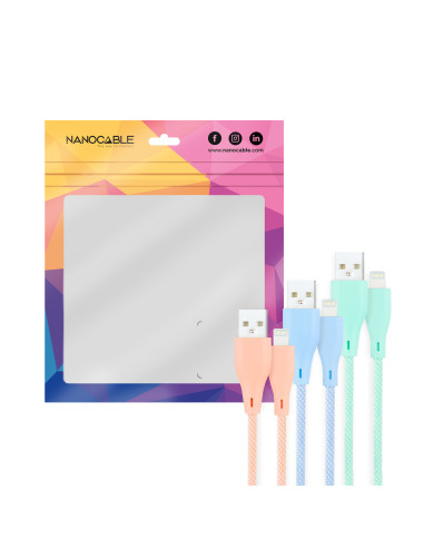 Nanocable 3 Cables Lightning a USB 2.0, Lightning M-USB A M, Mallados, Rosa, Azul y Verde, 1 m